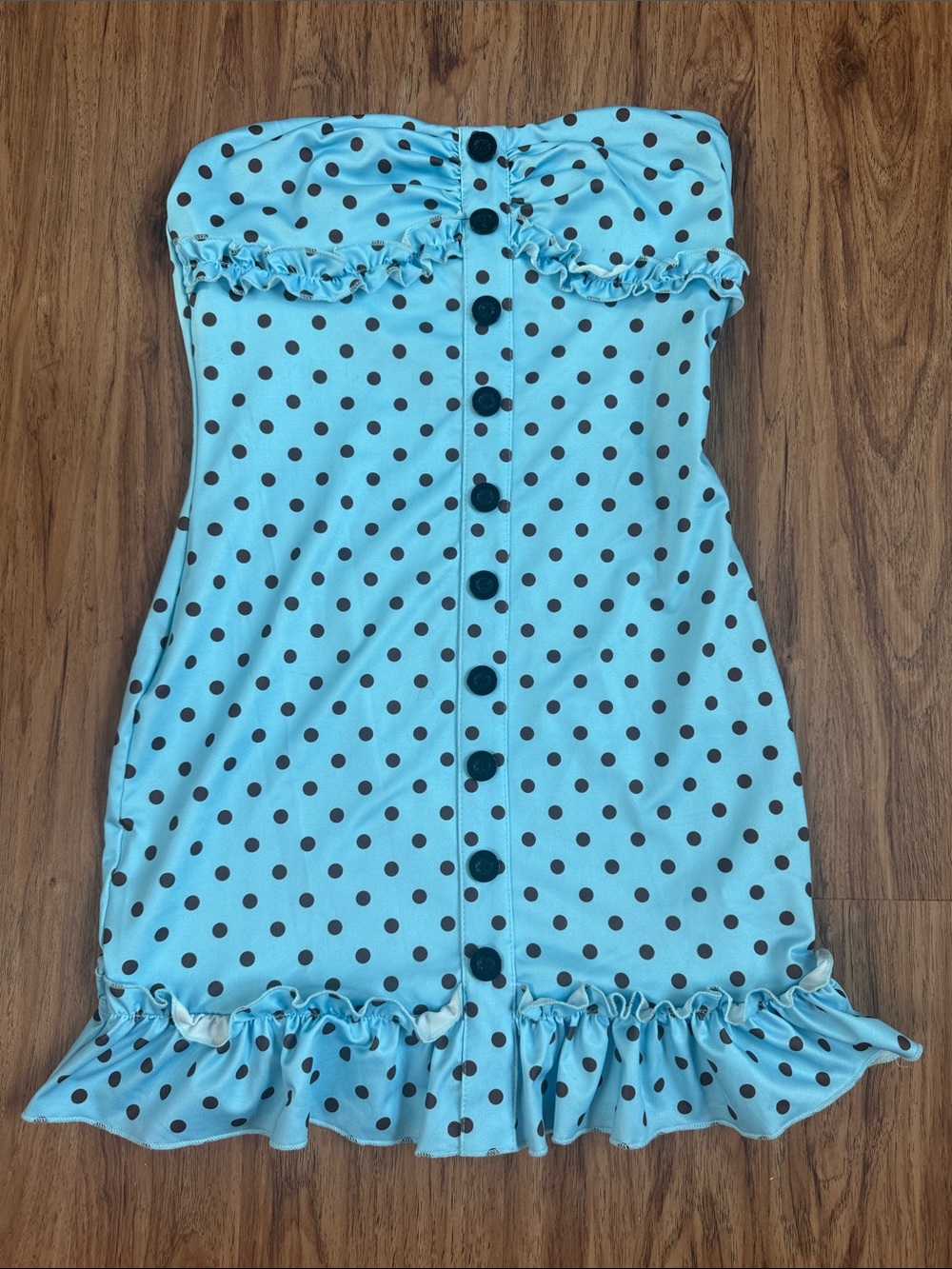 Strapless Aqua Blue Polka Dot Mini Dress with Button Front